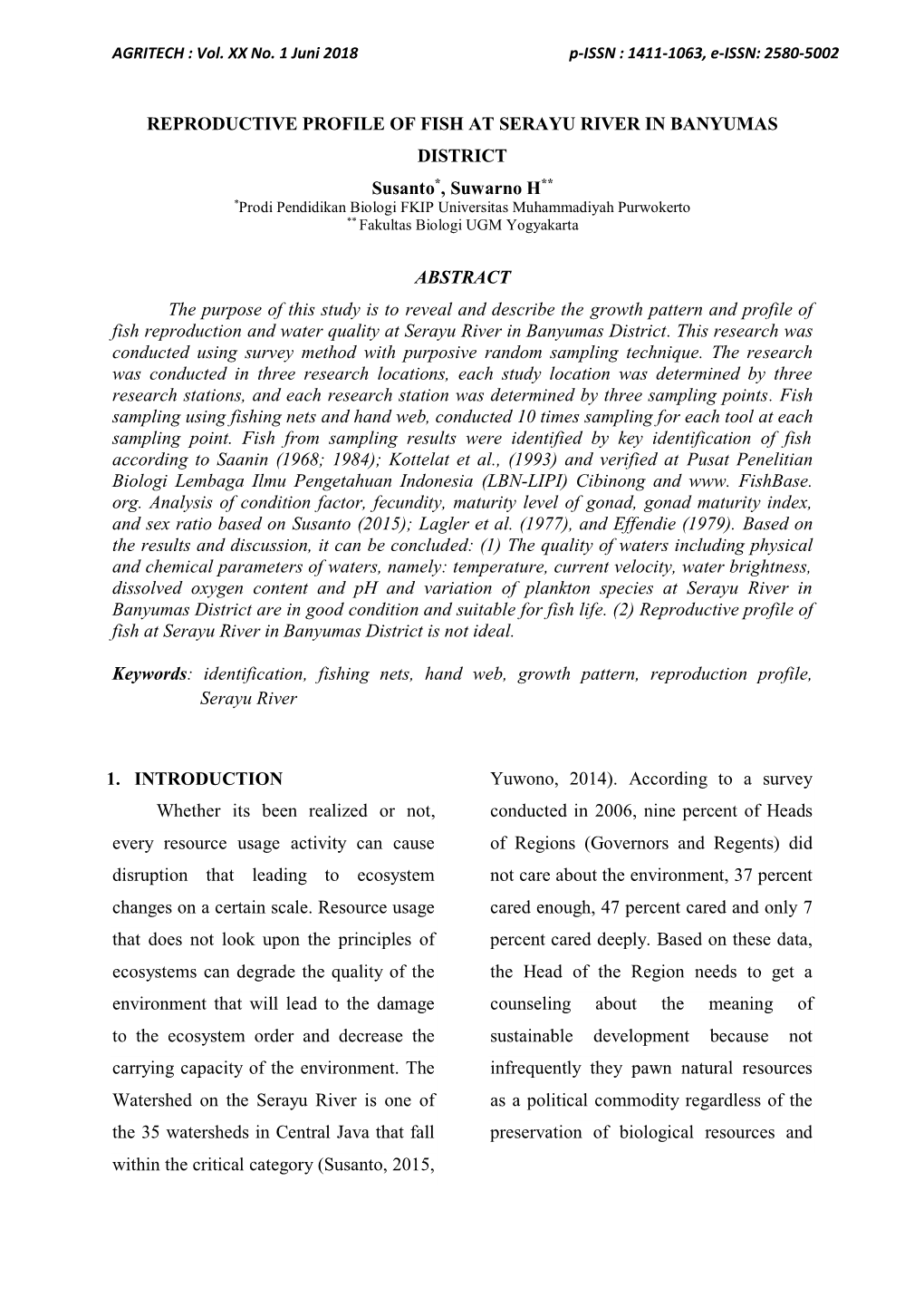 Reproductive Profile of Fish at Serayu River in Banyumas