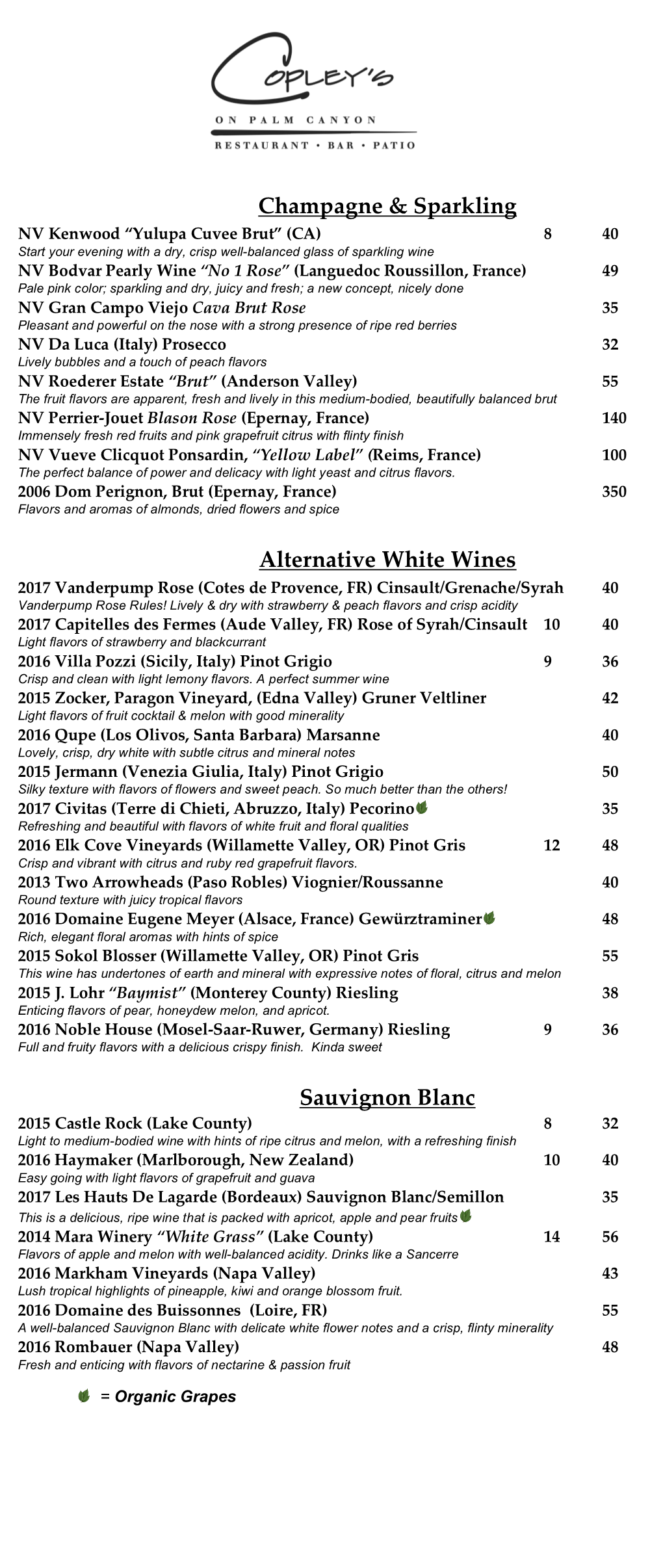 Champagne & Sparkling Alternative White Wines Sauvignon Blanc