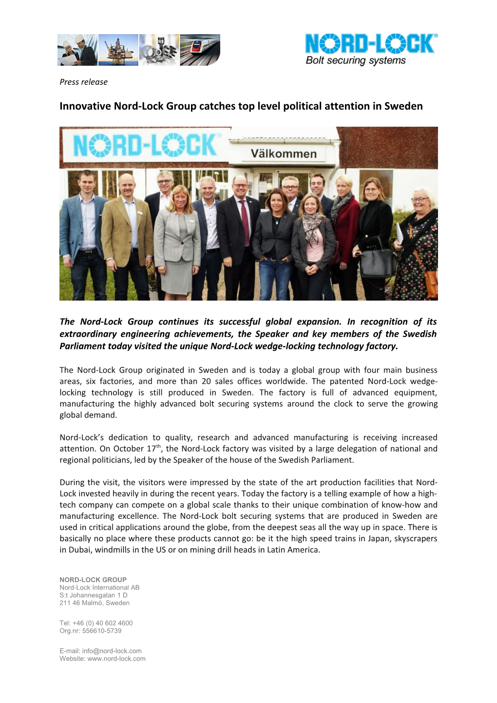 Innovative Nord-Lock Group Catches Top Level Political Attention in Sweden