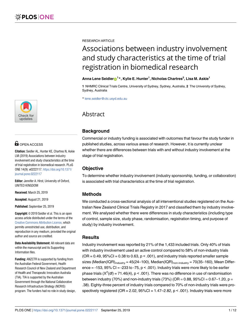 Associations Between Industry Involvement and Study Characteristics at the Time of Trial Registration in Biomedical Research