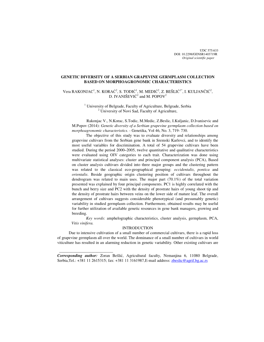 Genetic Diversity of a Serbian Grapevine Germplasm Collection Based on Morphoagronomic Characteristics