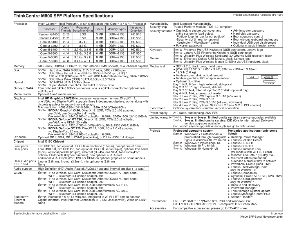 Thinkcentre M800 SFF Platform Specifications Product Specifications Reference (PSREF)