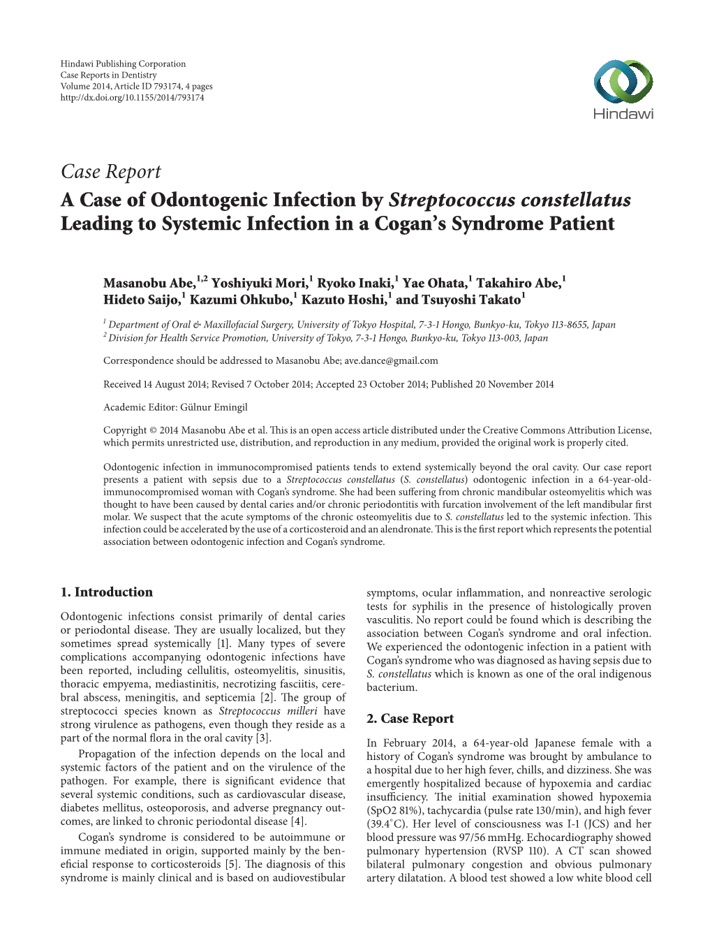 Case Report a Case of Odontogenic Infection by Streptococcus Constellatus Leading to Systemic Infection in a Cogan’S Syndrome Patient