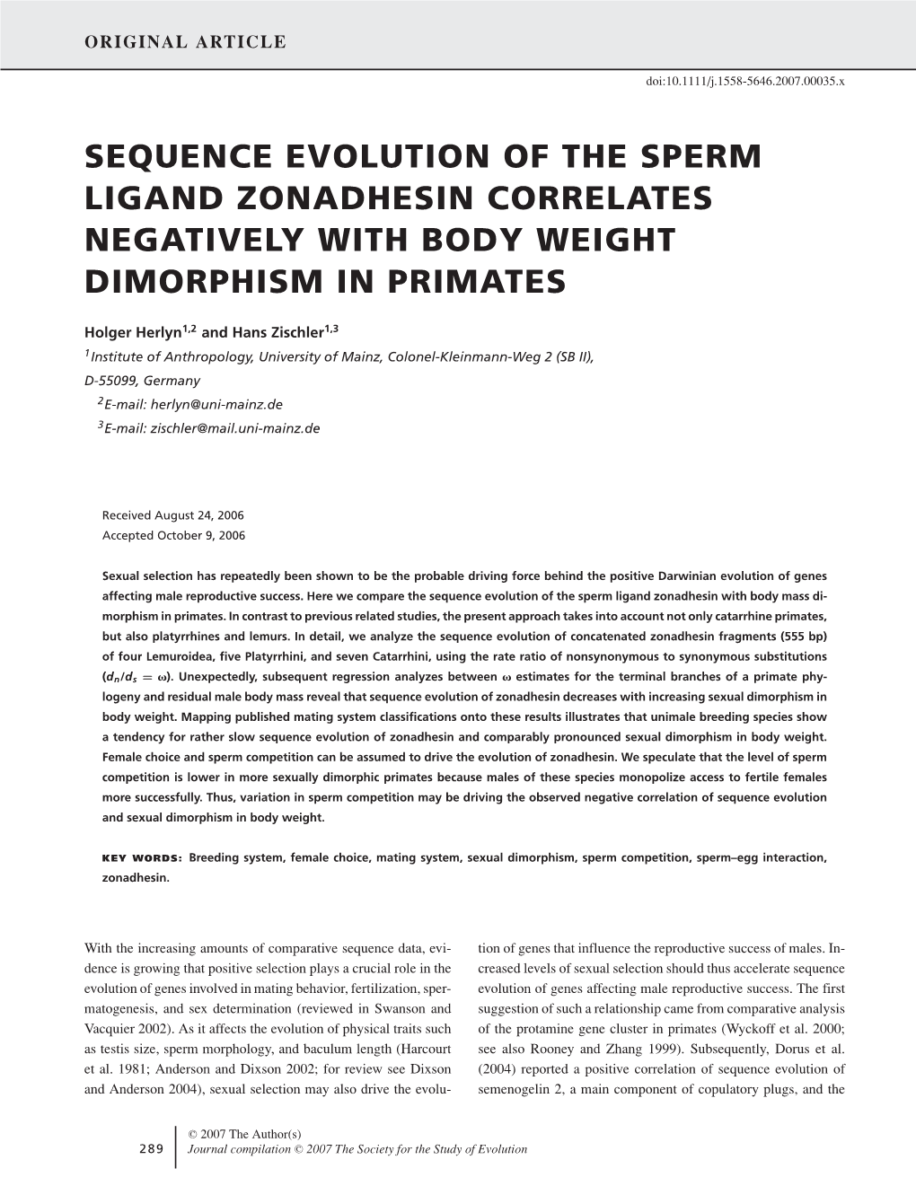 Sequence Evolution of the Sperm Ligand Zonadhesin Correlates Negatively with Body Weight Dimorphism in Primates