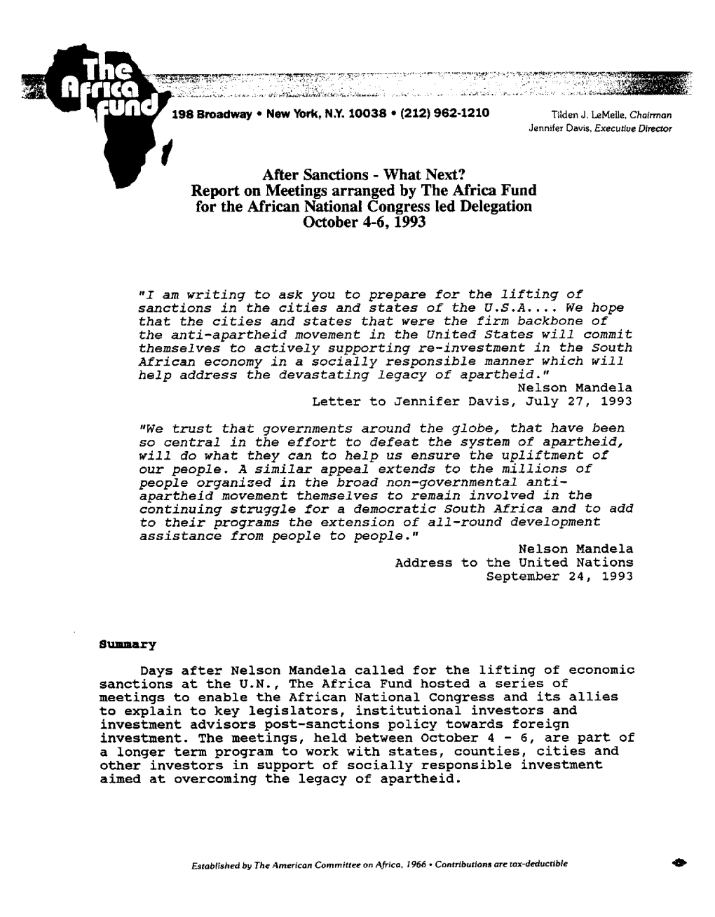 After Sanctions - What Next? Report on Meetings Arranged by the Africa Fund for the African National Congress Led Delegation October 4-6, 1993