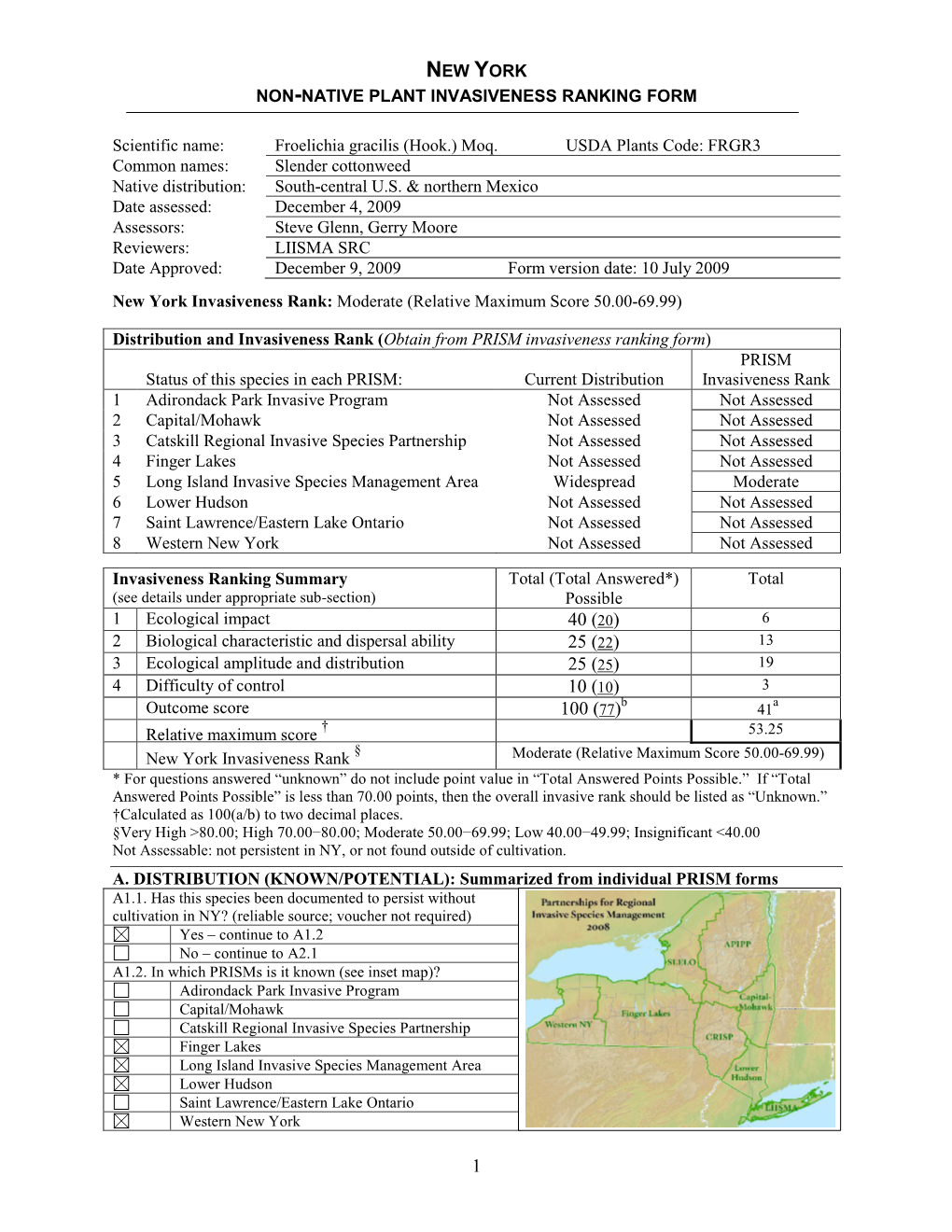 New York Non-Native Plant Invasiveness Ranking Form