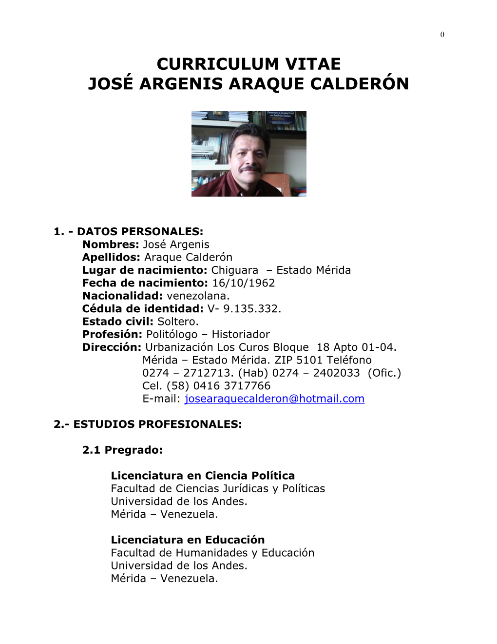 Curriculum Vitae José Argenis Araque Calderón