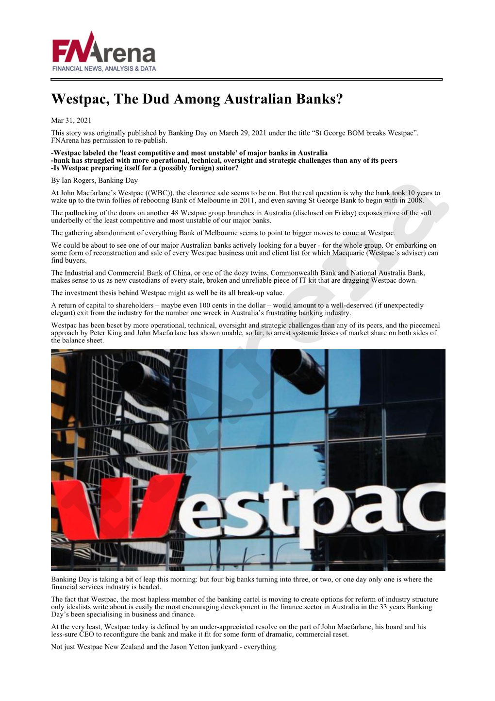 Westpac, the Dud Among Australian Banks?