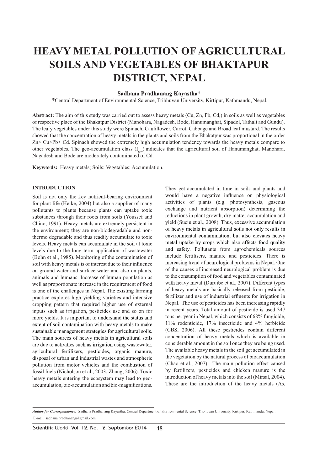 Heavy Metal Pollution of Agricultural Soils and Vegetables of Bhaktapur District, Nepal