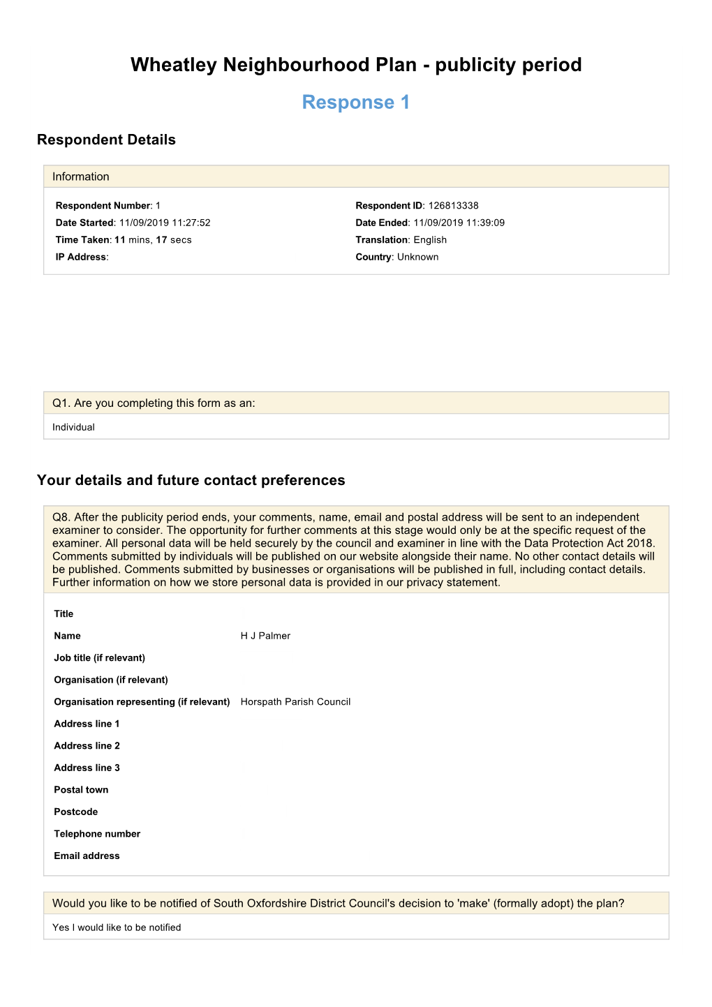 Wheatley Neighbourhood Plan - Publicity Period Response 1