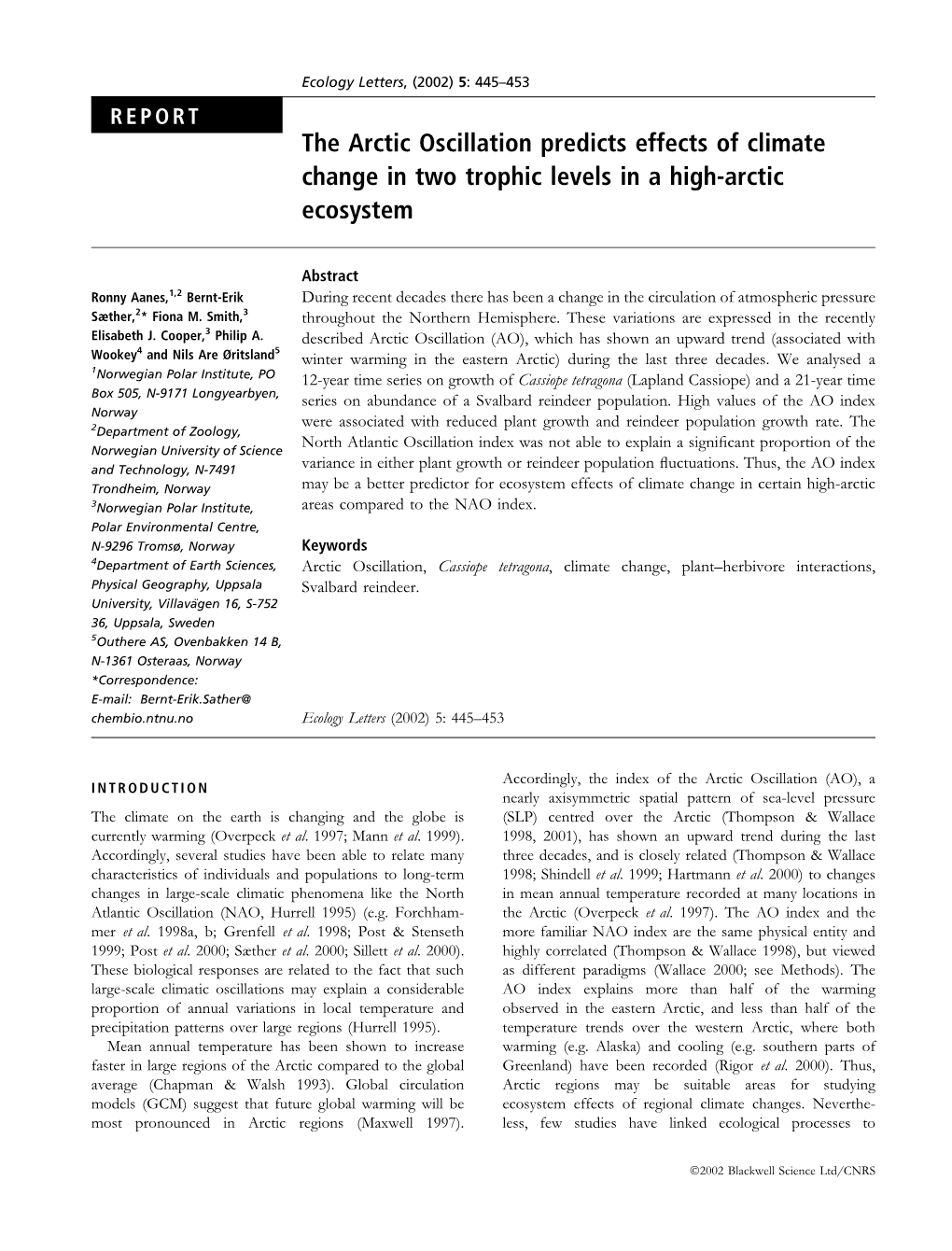 The Arctic Oscillation Predicts Effects of Climate Change in Two Trophic Levels in a High-Arctic Ecosystem