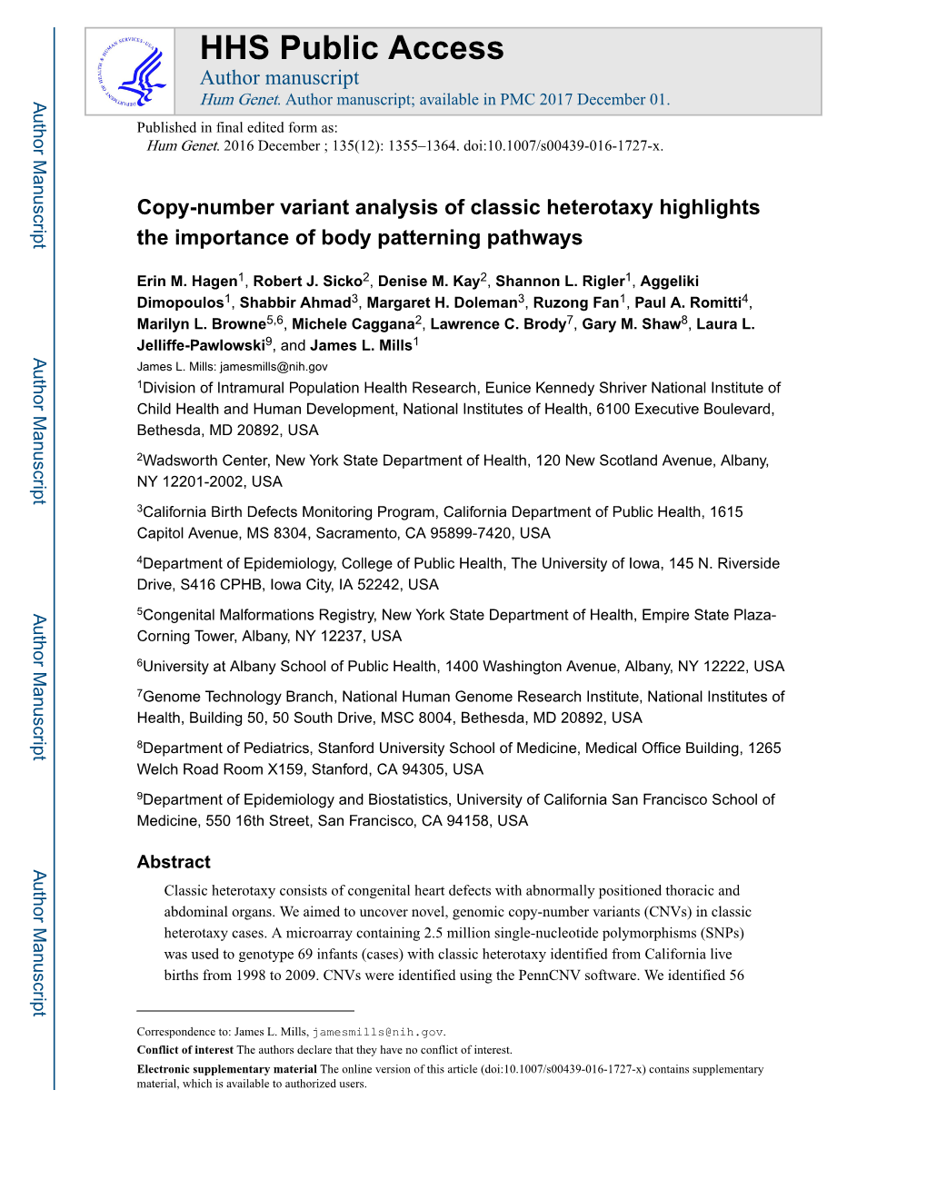 Copy-Number Variant Analysis of Classic Heterotaxy Highlights the Importance of Body Patterning Pathways