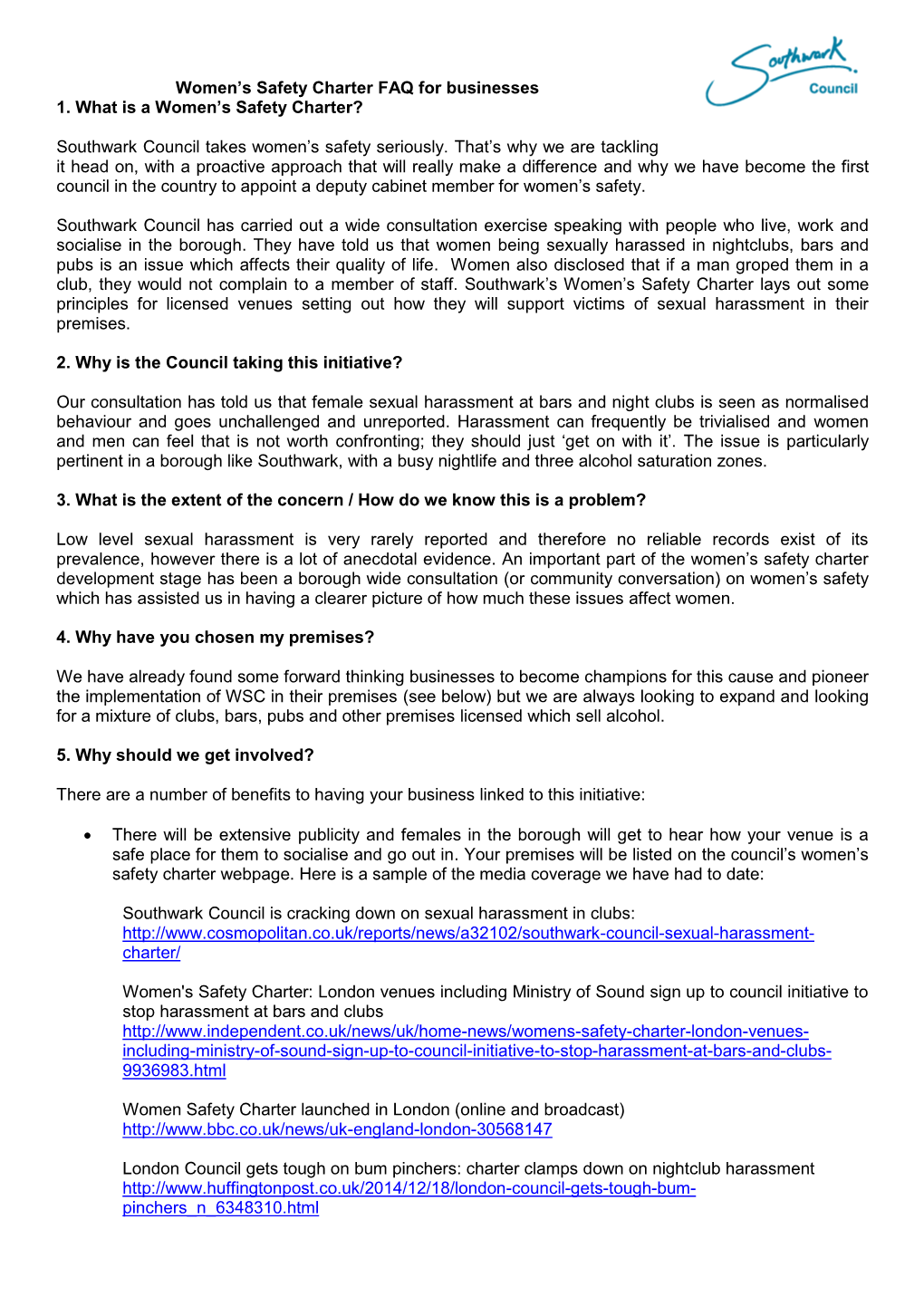 Women's Safety Charter FAQ for Businesses