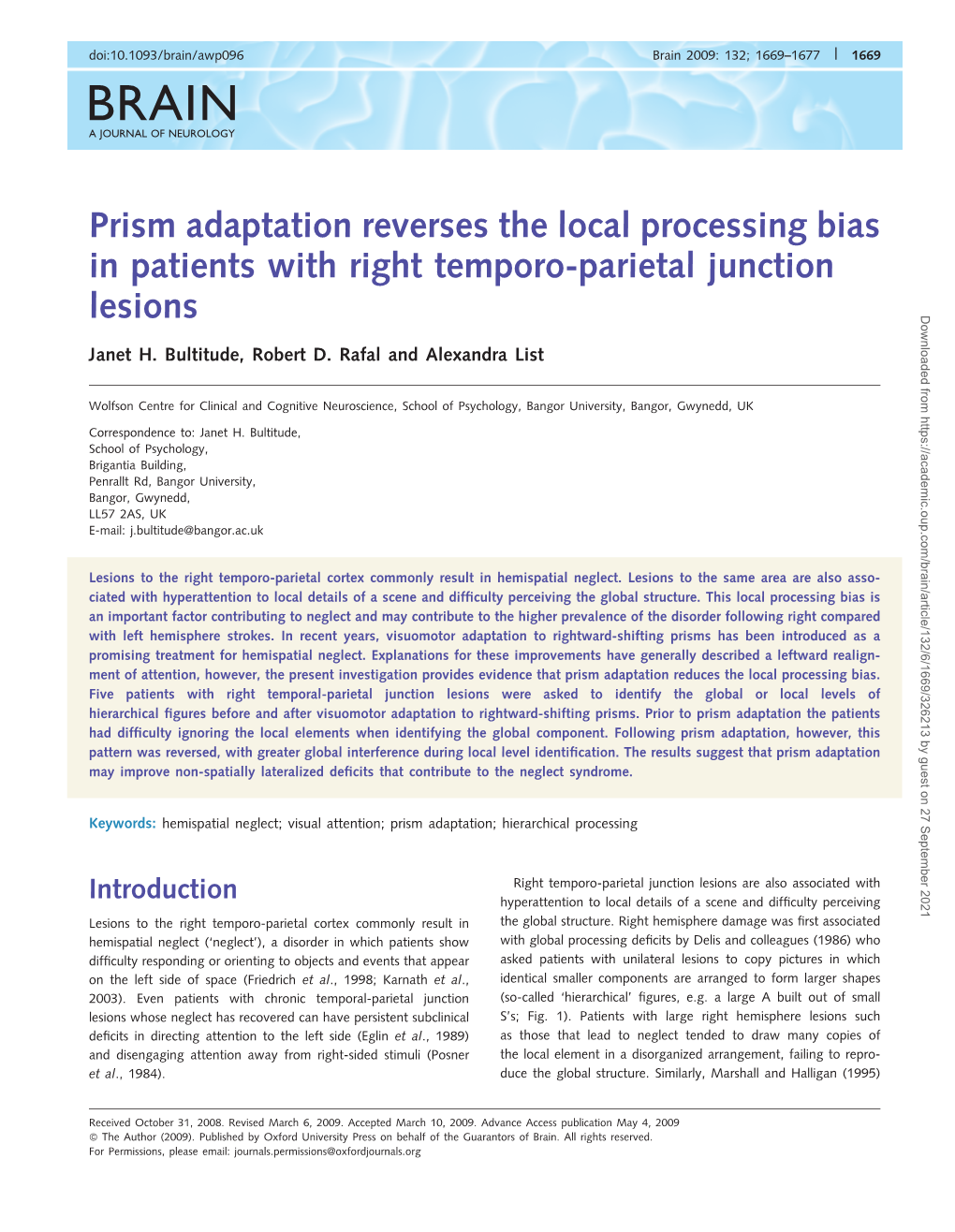 Prism Adaptation Reverses the Local Processing Bias in Patients With