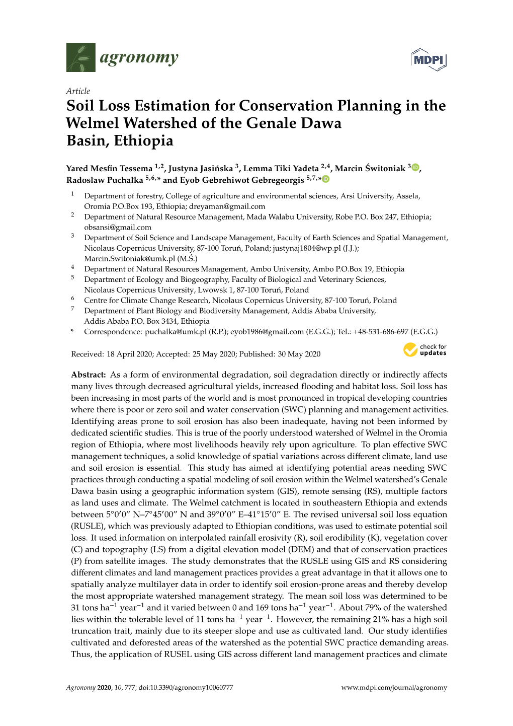 Soil Loss Estimation for Conservation Planning in the Welmel Watershed of the Genale Dawa Basin, Ethiopia