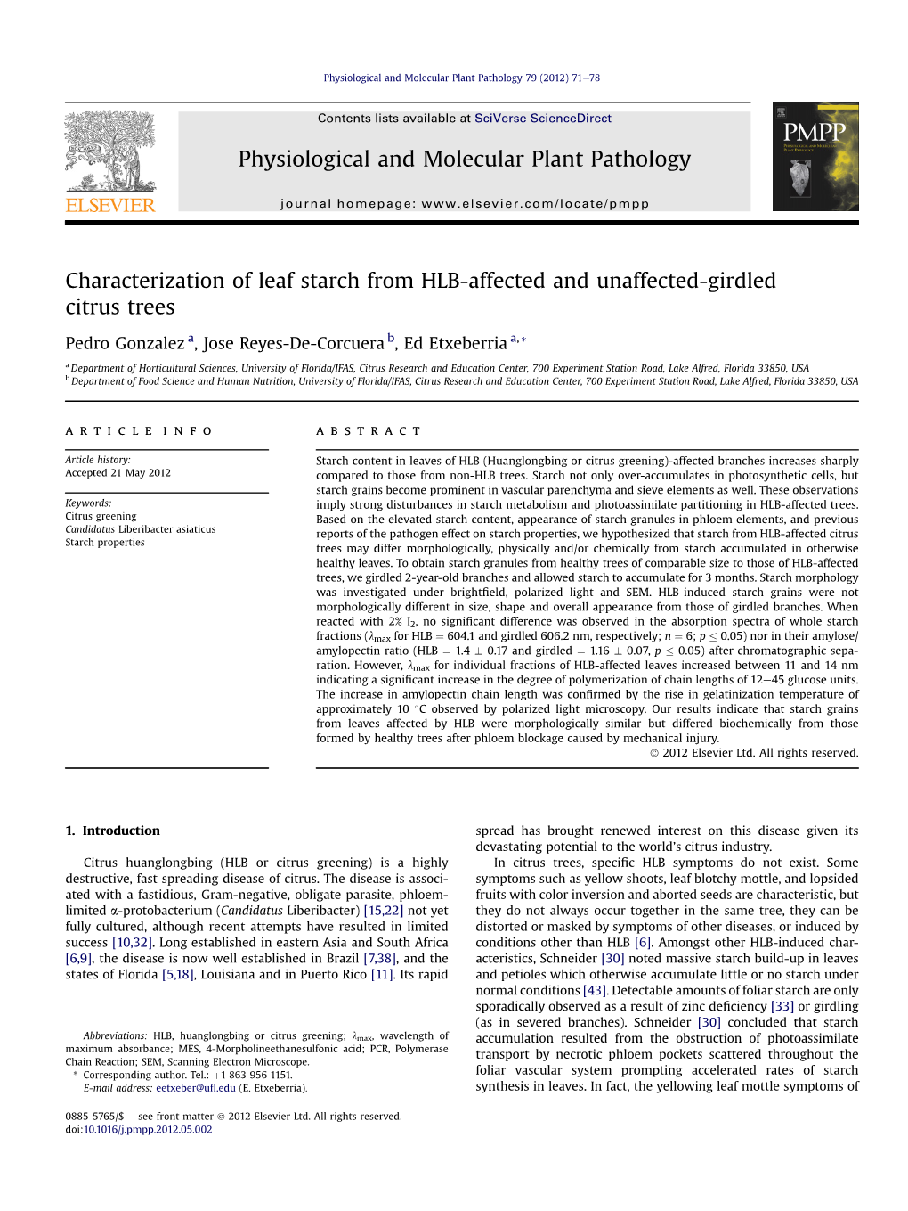 Characterization of Leaf Starch from HLB-Affected and Unaffected-Girdled Citrus Trees