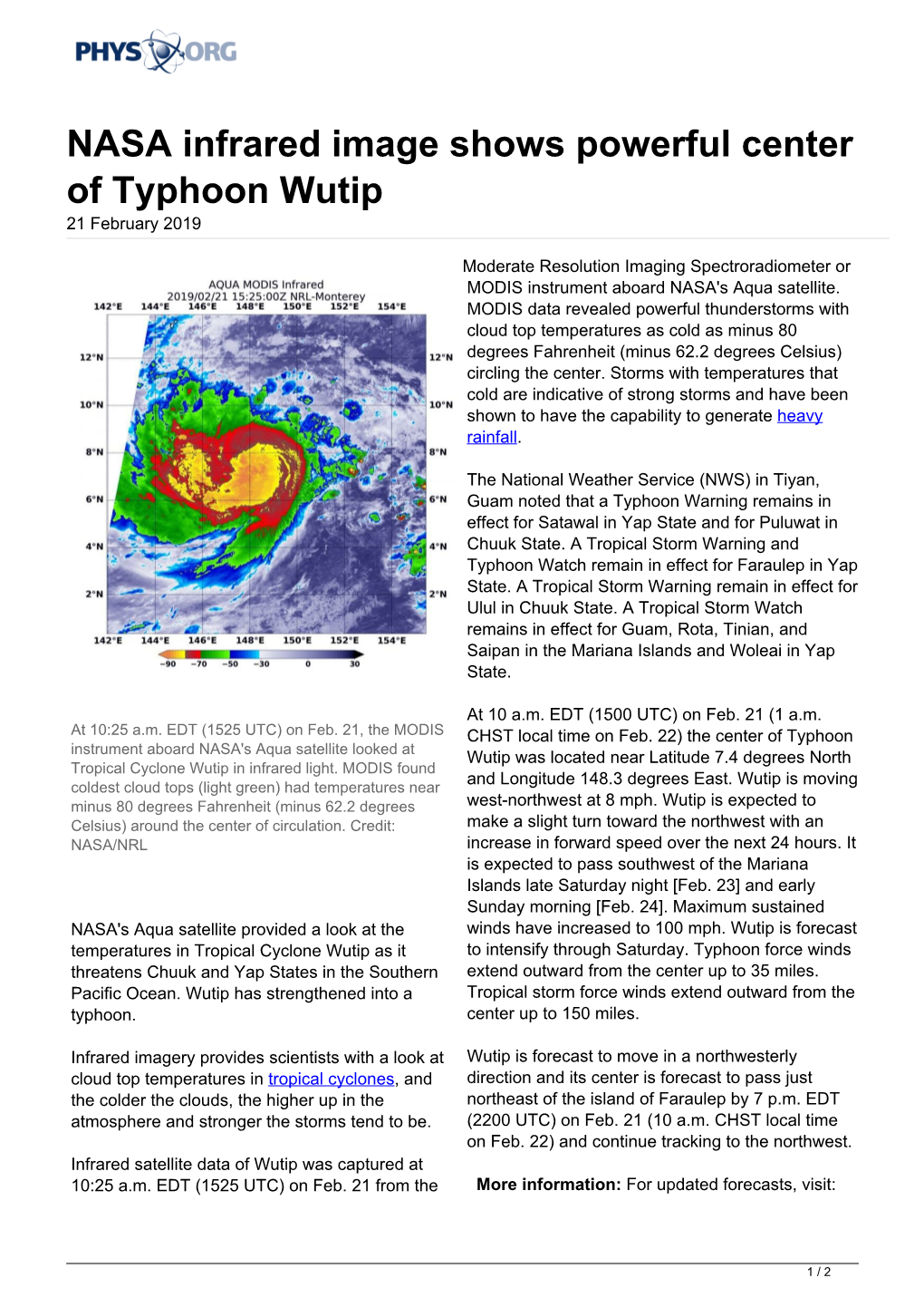 NASA Infrared Image Shows Powerful Center of Typhoon Wutip 21 February 2019