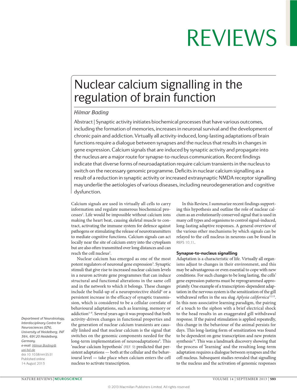 Nuclear Calcium Signalling in the Regulation of Brain Function