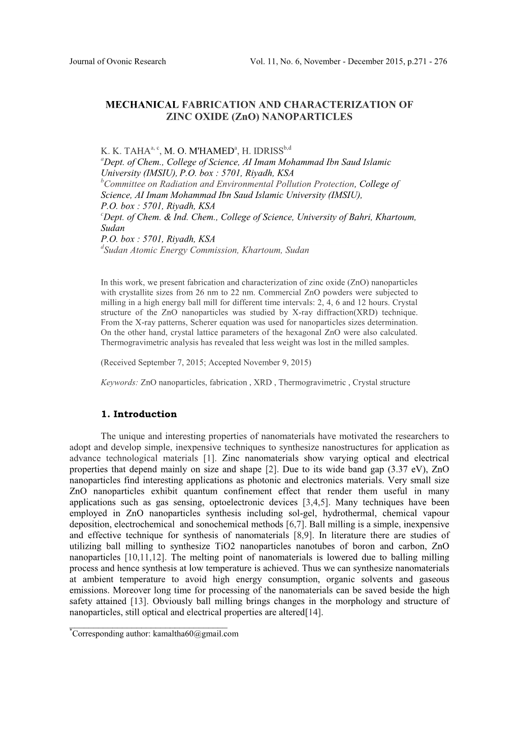 MECHANICAL FABRICATION and CHARACTERIZATION of ZINC OXIDE (Zno) NANOPARTICLES