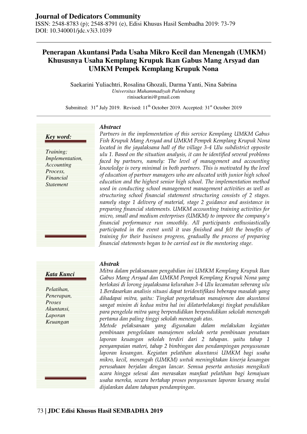 Penerapan Akuntansi Pada Usaha Mikro Kecil Dan Menengah (UMKM) Khususnya Usaha Kemplang Krupuk Ikan Gabus Mang Arsyad Dan UMKM Pempek Kemplang Krupuk Nona