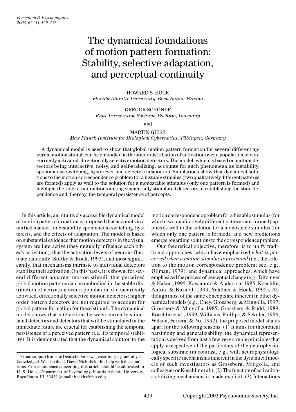 The Dynamical Foundations of Motion Pattern Formation: Stability, Selective Adaptation, and Perceptual Continuity