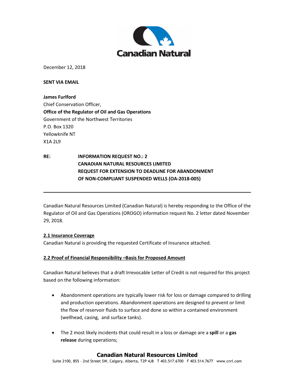 Canadian Natural Resources Limited Request for Extension to Deadline for Abandonment of Non-Compliant Suspended Wells (Oa-2018-005)