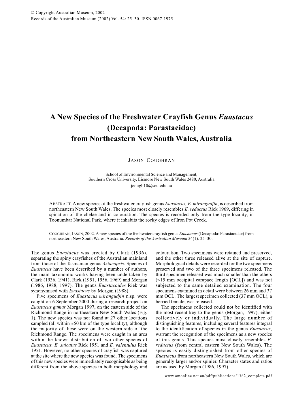 A New Species of the Freshwater Crayfish Genus Euastacus (Decapoda: Parastacidae) from Northeastern New South Wales, Australia