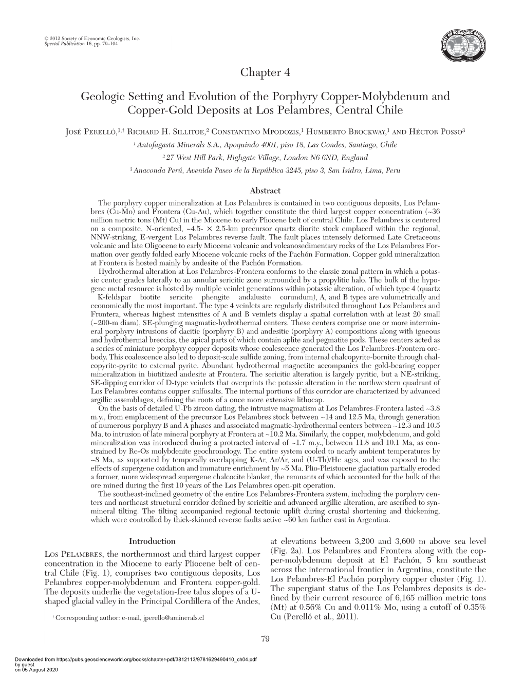 Chapter 4 Geologic Setting and Evolution of the Porphyry Copper-Molybdenum and Copper-Gold Deposits at Los Pelambres, Central Chile