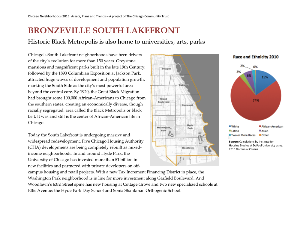 BRONZEVILLE SOUTH LAKEFRONT Historic Black Metropolis Is Also Home to Universities, Arts, Parks