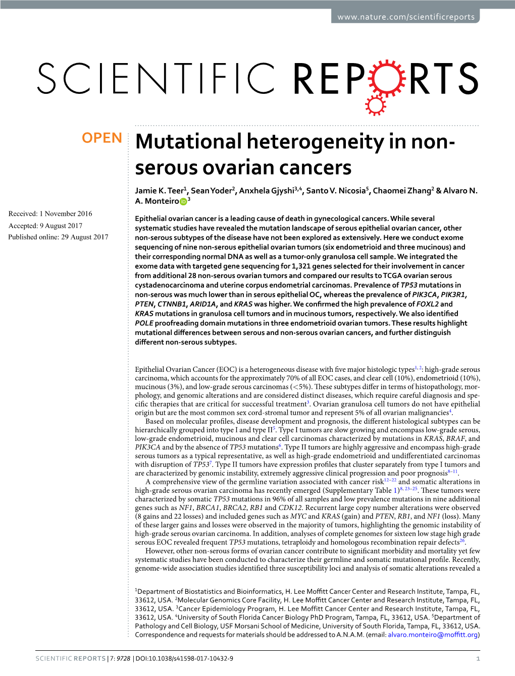 Mutational Heterogeneity in Non-Serous Ovarian Cancers