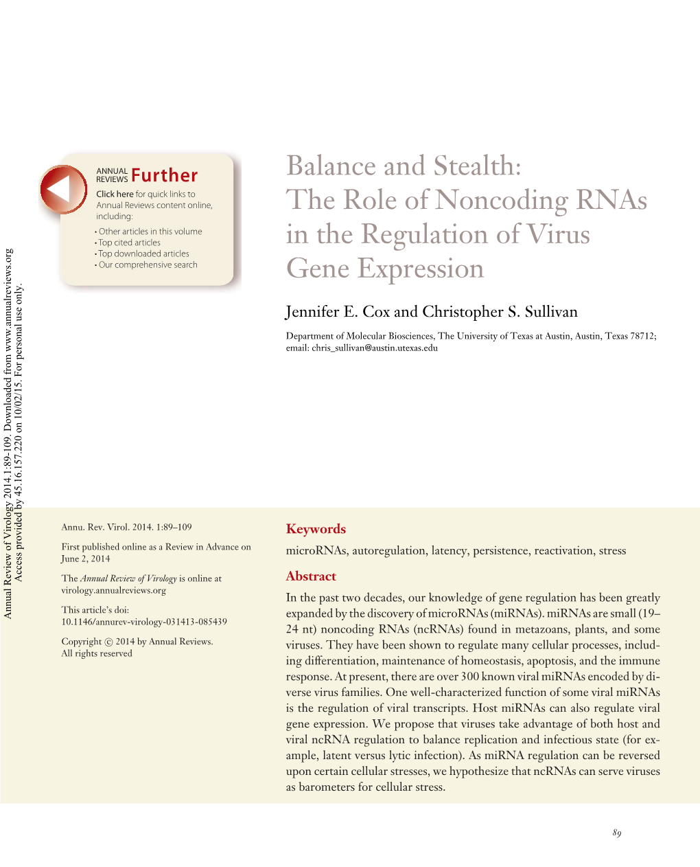 The Role of Noncoding Rnas in the Regulation of Virus Gene Expression