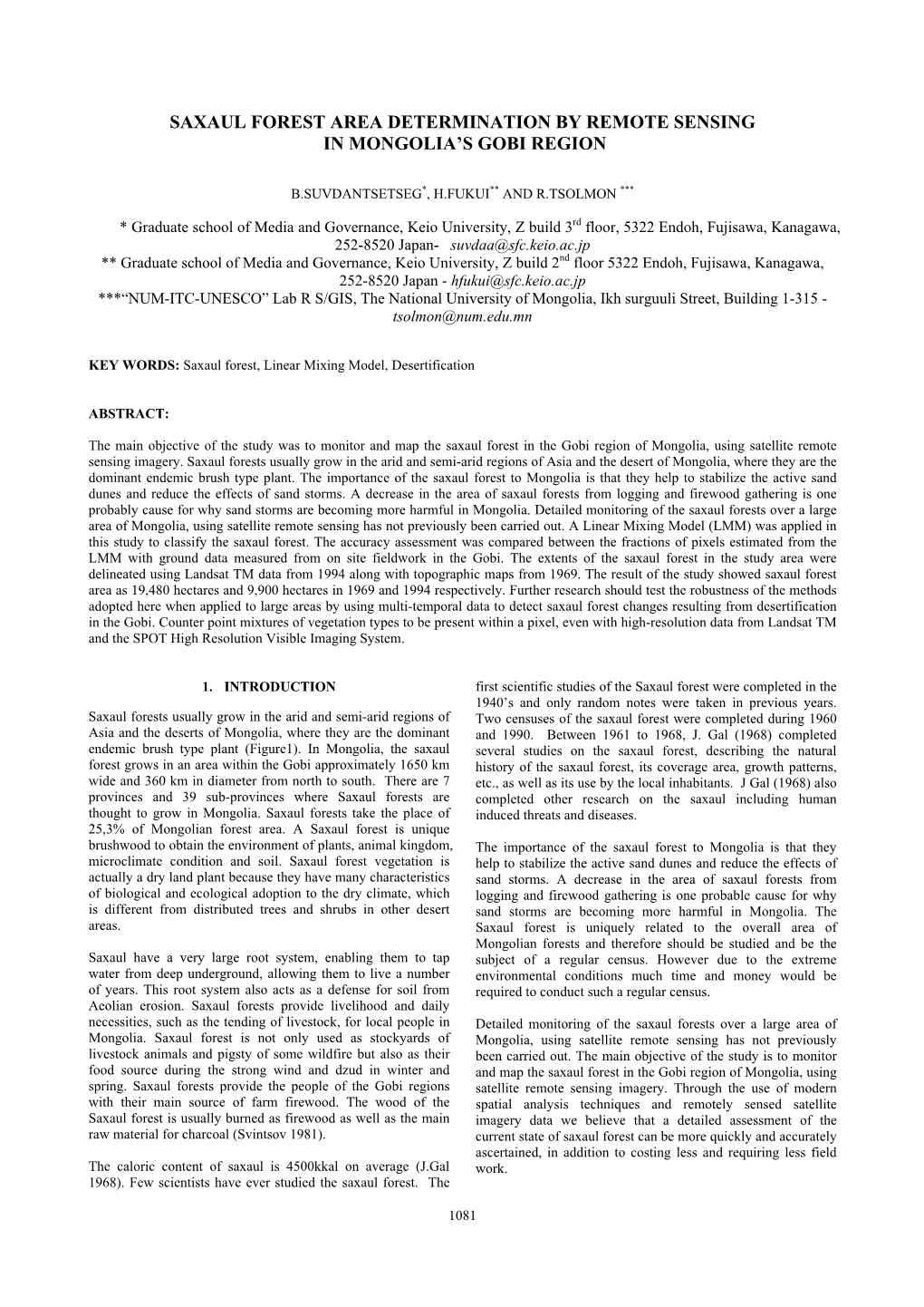 Saxaul Forest Area Determination by Remote Sensing in Mongolia’S Gobi Region