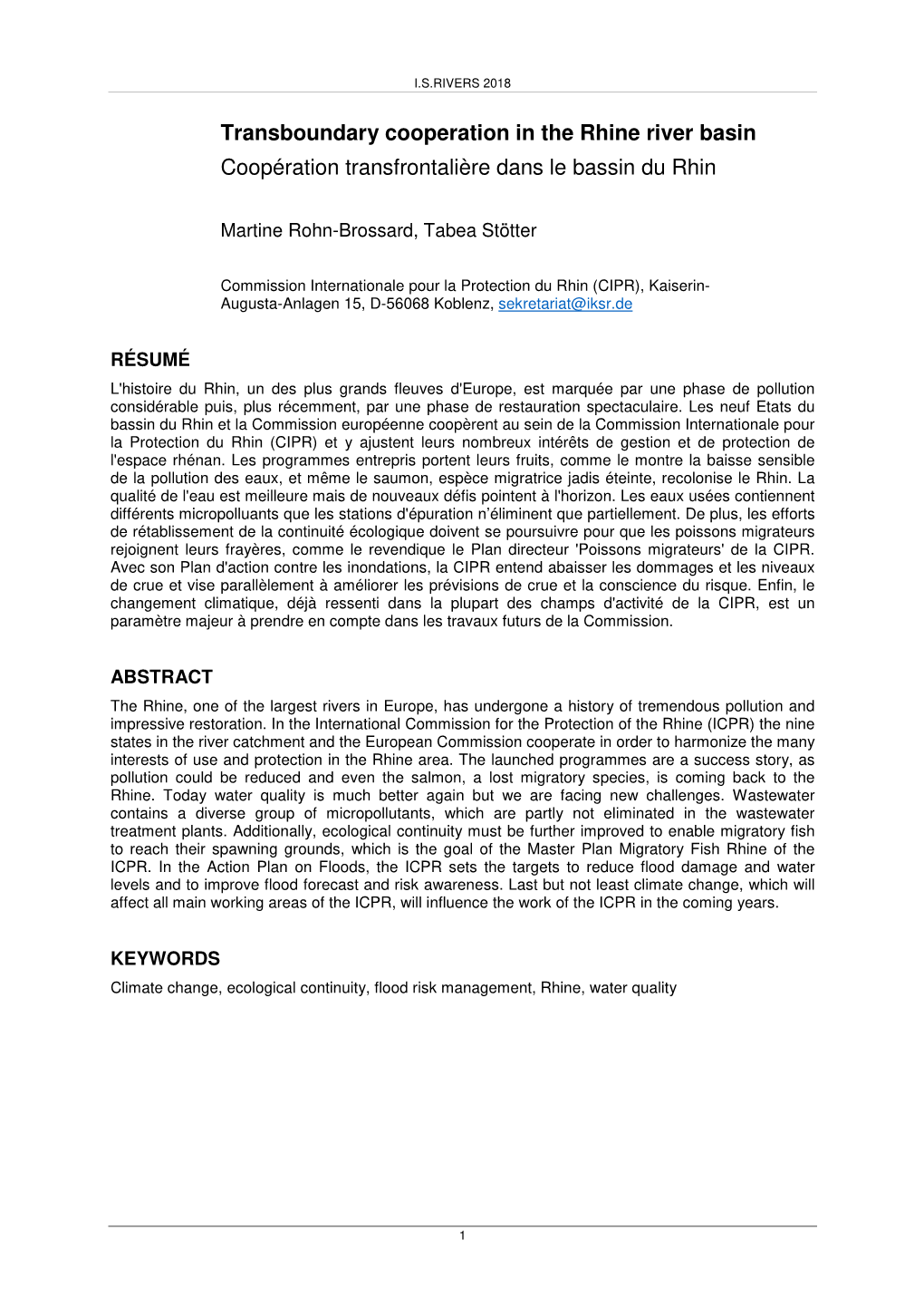 Transboundary Cooperation in the Rhine River Basin Coopération Transfrontalière Dans Le Bassin Du Rhin