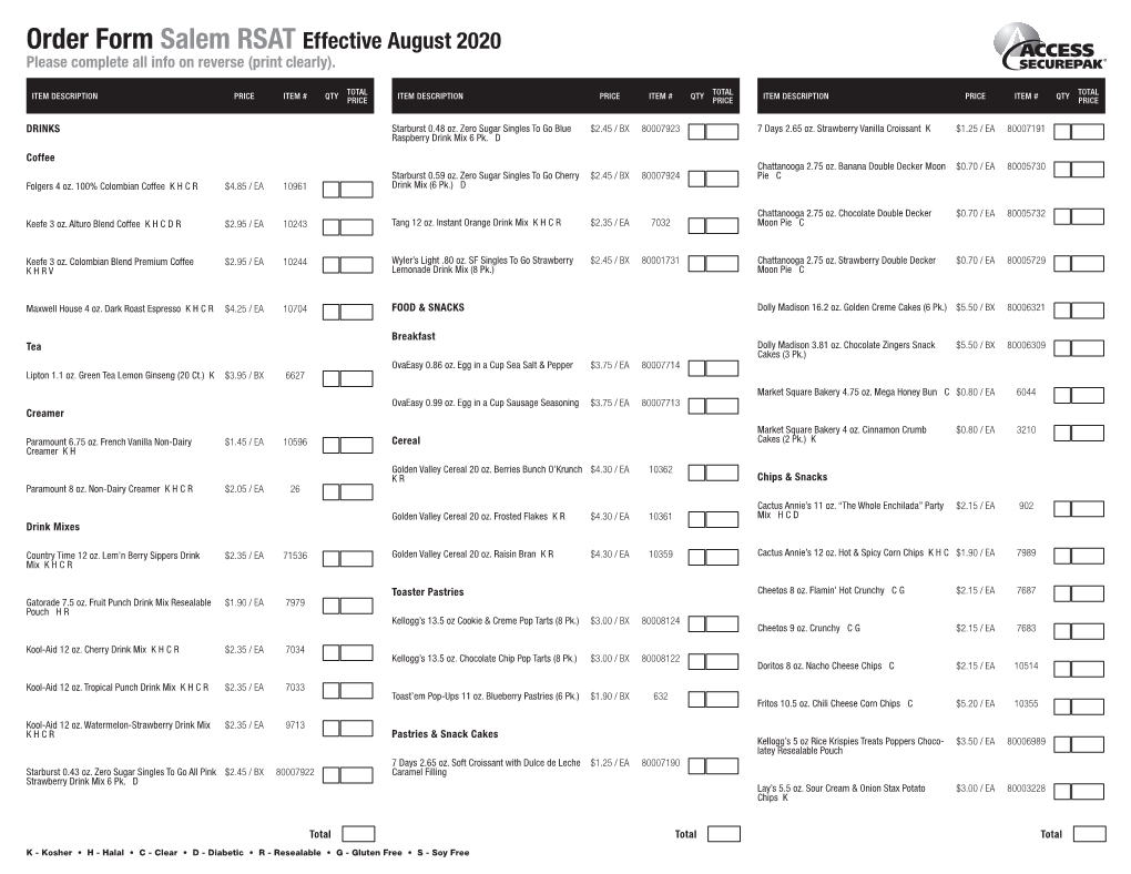 Order Form Salem RSAT Effective August 2020 Please Complete All Info on Reverse (Print Clearly)