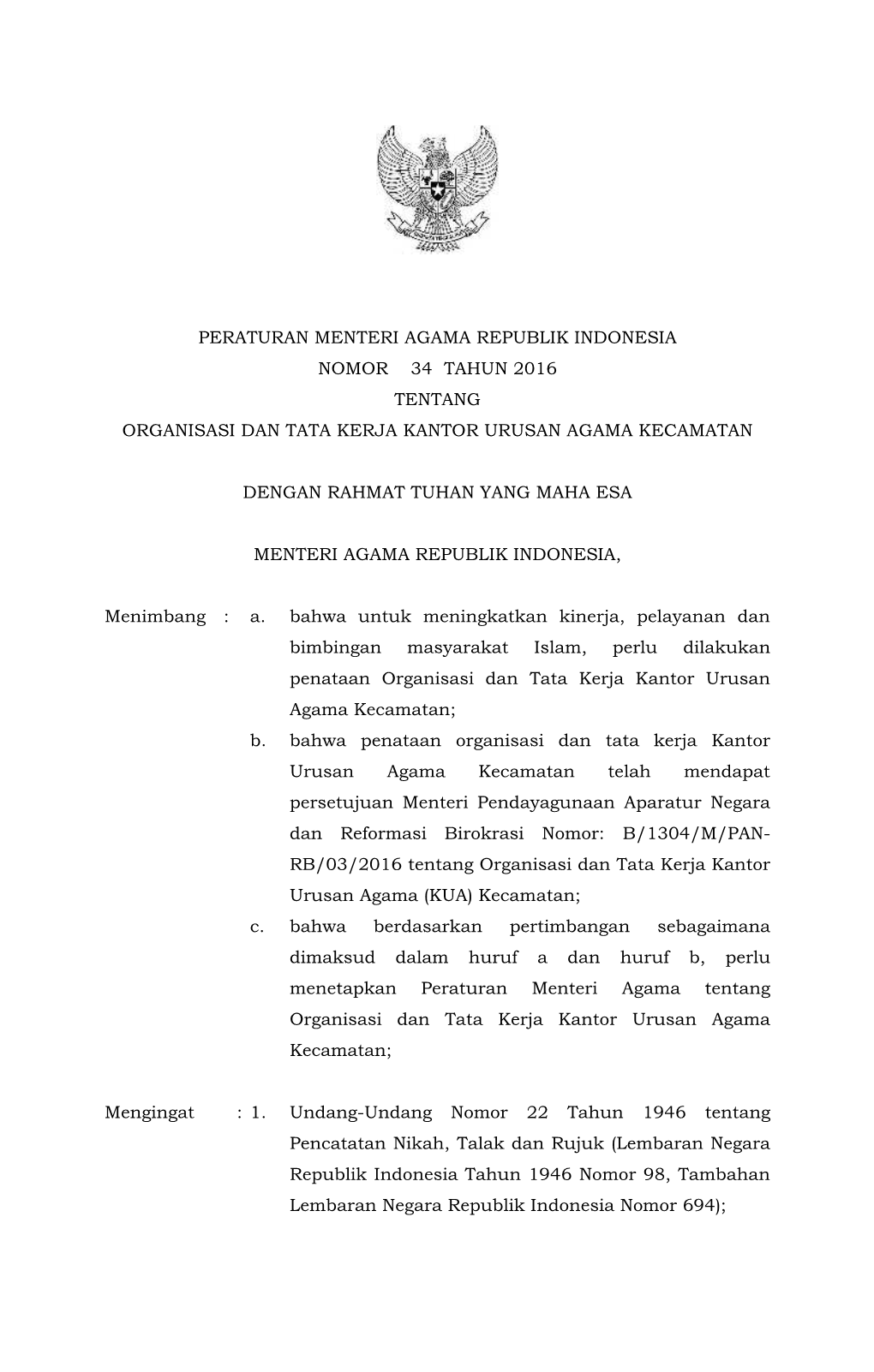 Peraturan Menteri Agama Republik Indonesia Nomor 34 Tahun 2016 Tentang Organisasi Dan Tata Kerja Kantor Urusan Agama Kecamatan