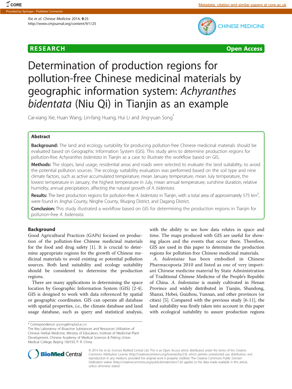 Determination of Production Regions for Pollution-Free Chinese