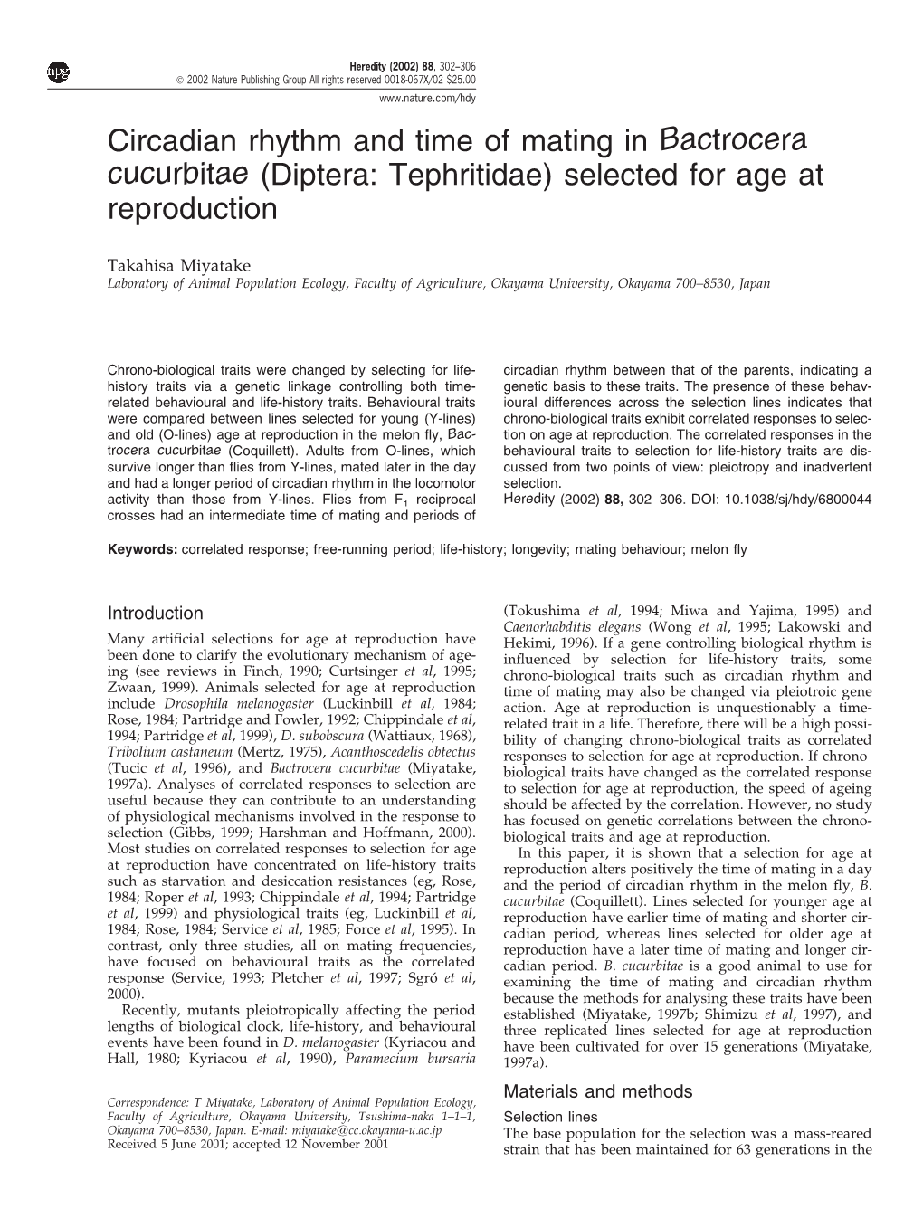 Circadian Rhythm and Time of Mating in Bactrocera Cucurbitae (Diptera: Tephritidae) Selected for Age at Reproduction