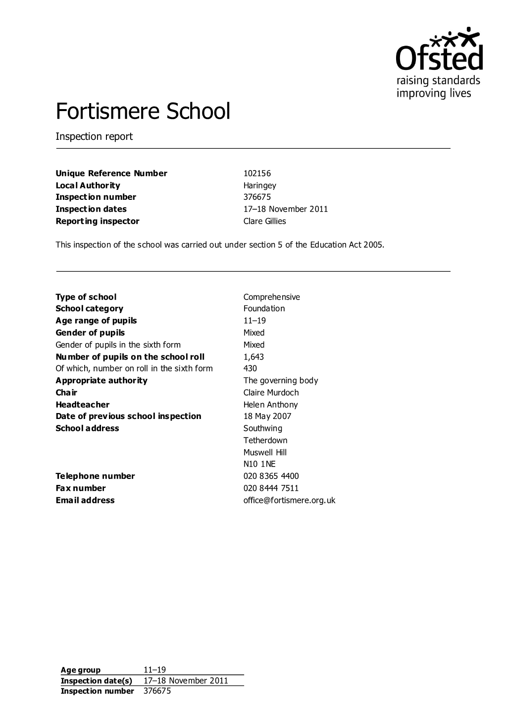 Fortismere School Inspection Report