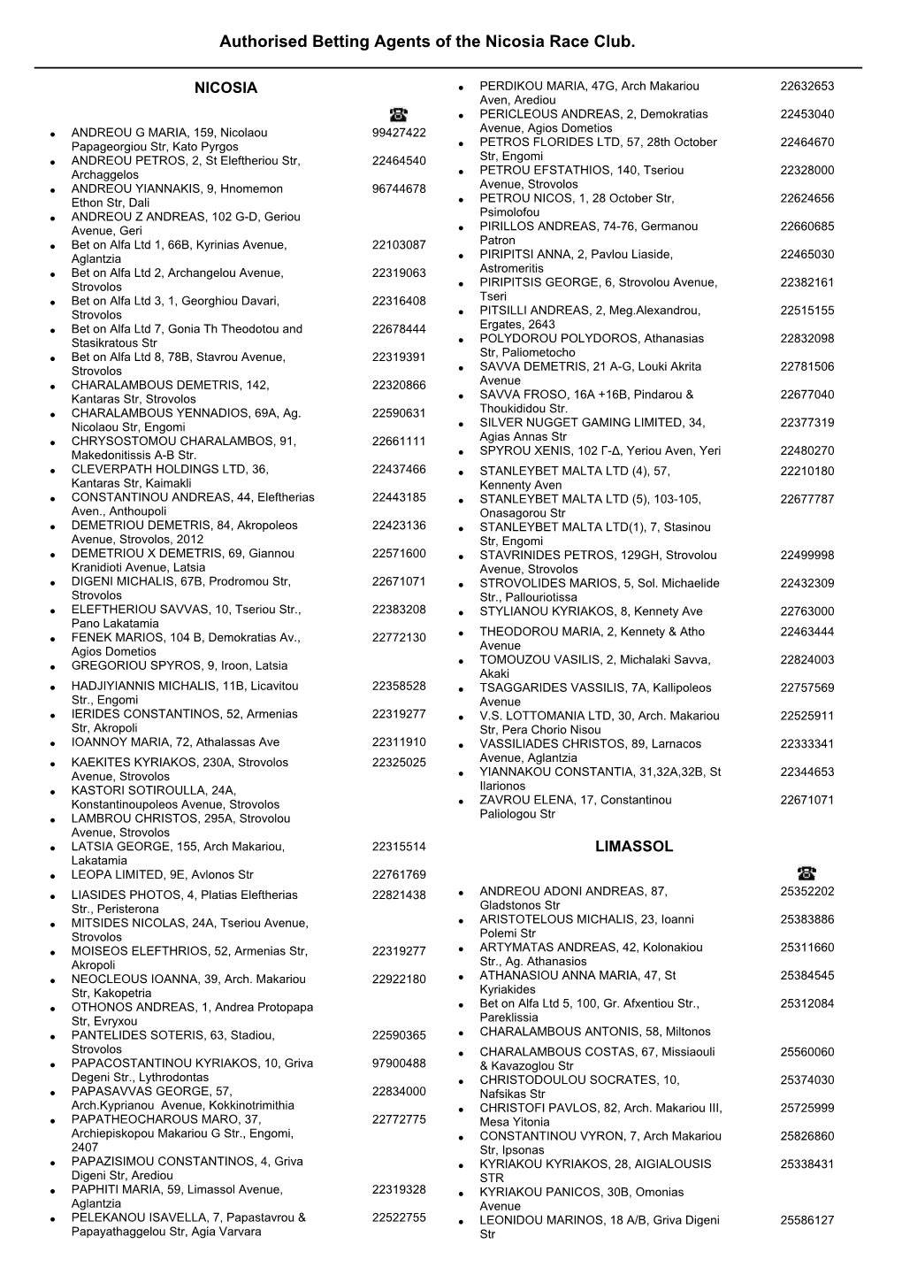 Authorised Betting Agents of the Nicosia Race Club