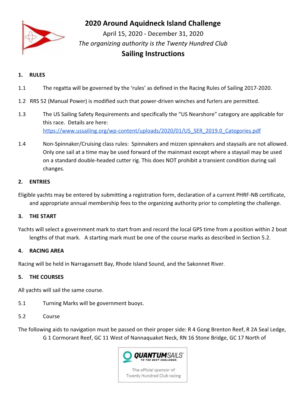 2020 Around Aquidneck Island Challenge Sailing Instructions