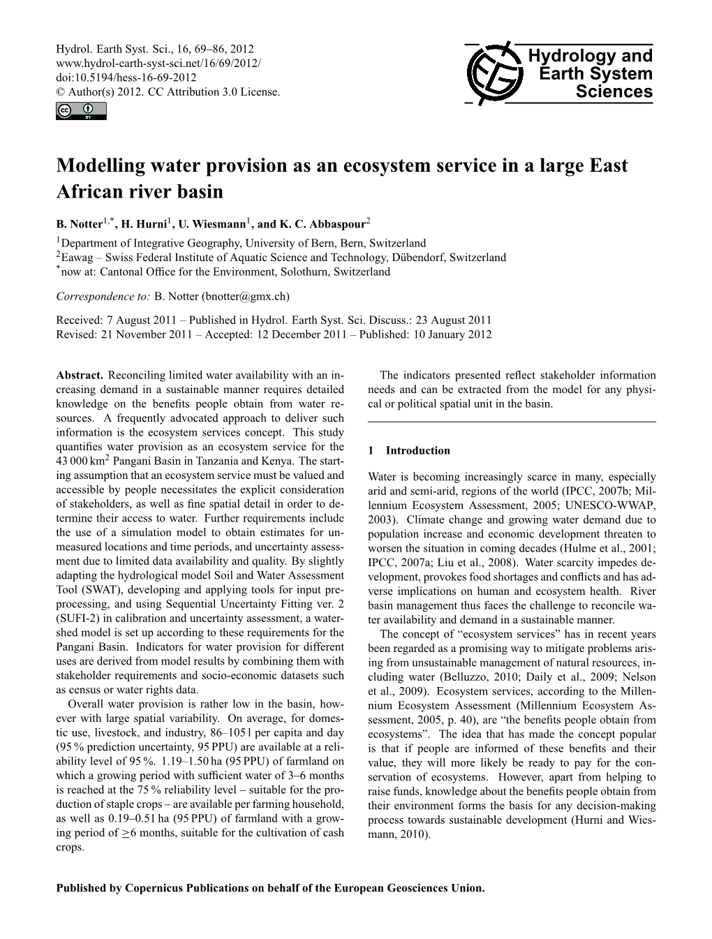 Modelling Water Provision As an Ecosystem Service in a Large East African River Basin