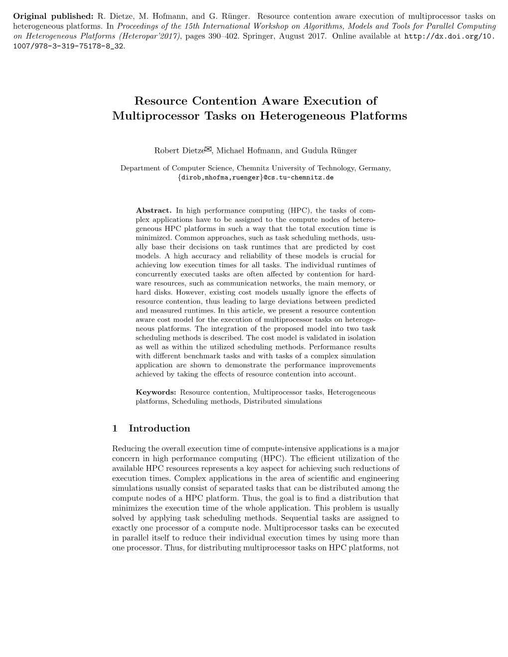 Resource Contention Aware Execution of Multiprocessor Tasks on Heterogeneous Platforms