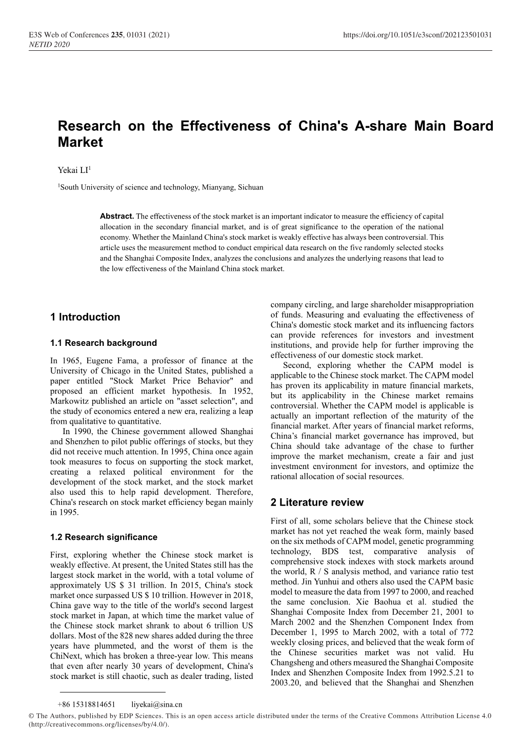 Research on the Effectiveness of China's A-Share Main Board Market