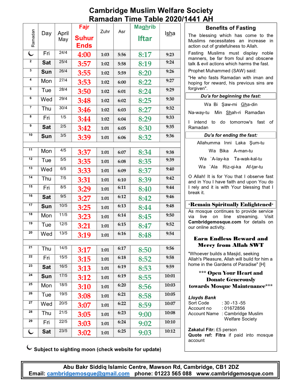 Cambridge Muslim Welfare Society Ramadan Time Table 2020/1441