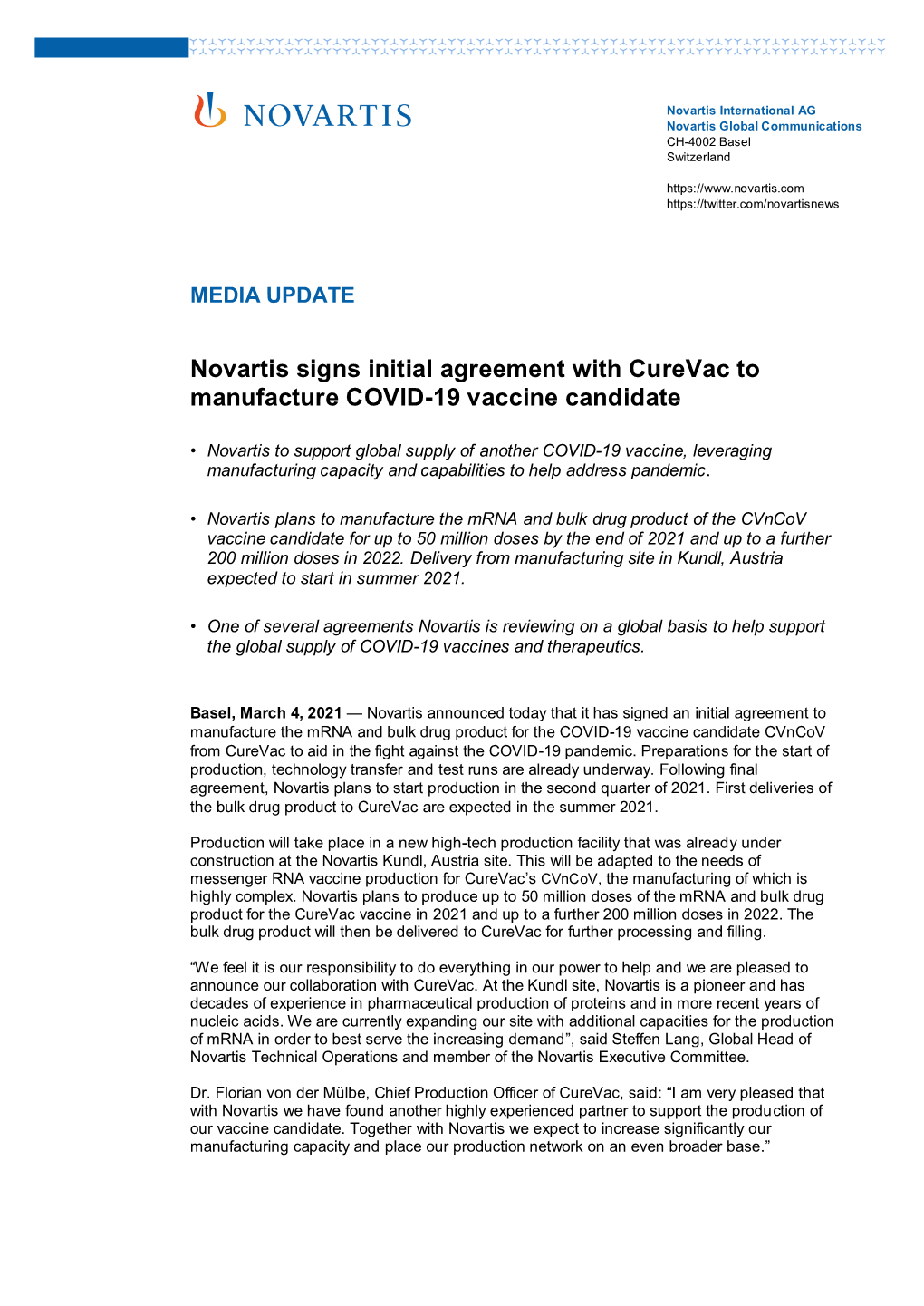 Novartis Signs Initial Agreement with Curevac to Manufacture COVID-19 Vaccine Candidate