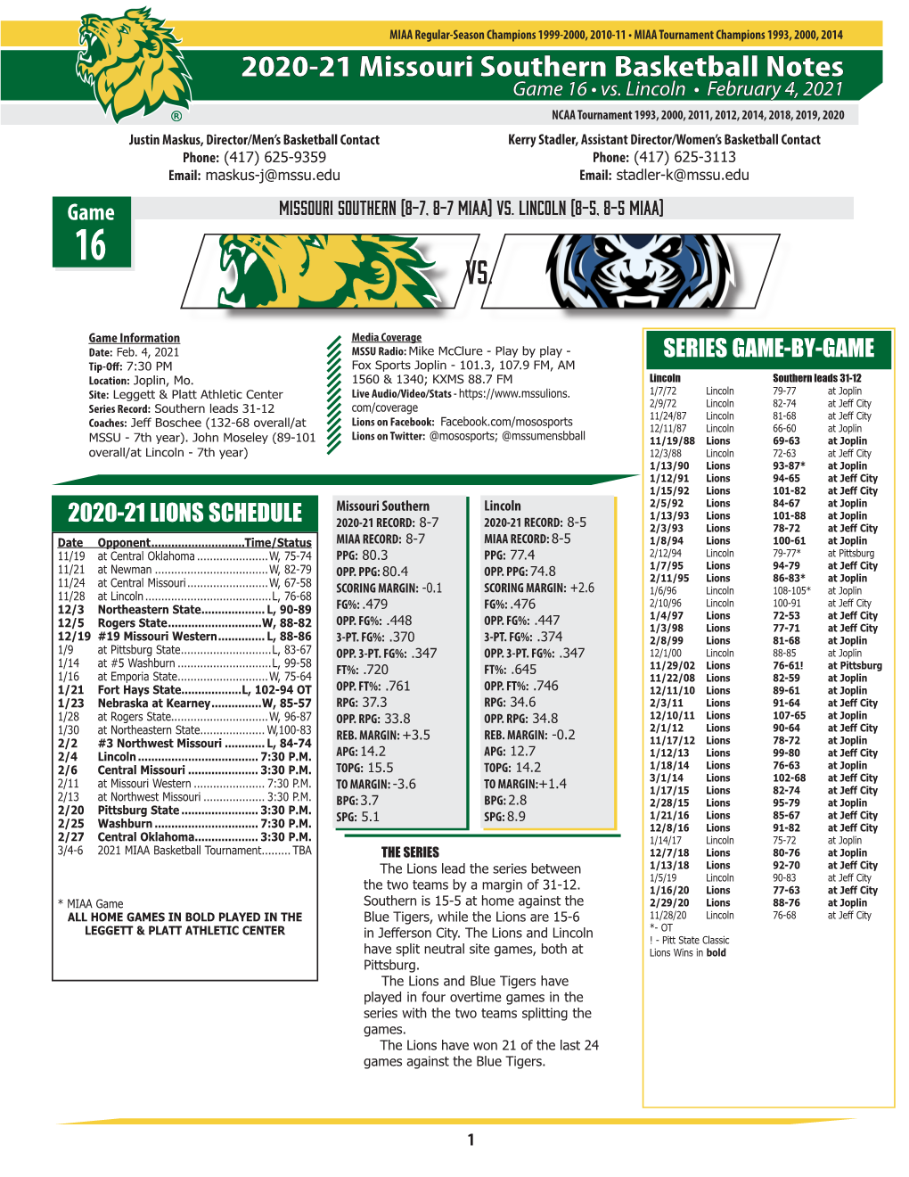 2020-21 Missouri Southern Basketball Notes Game 16 • Vs