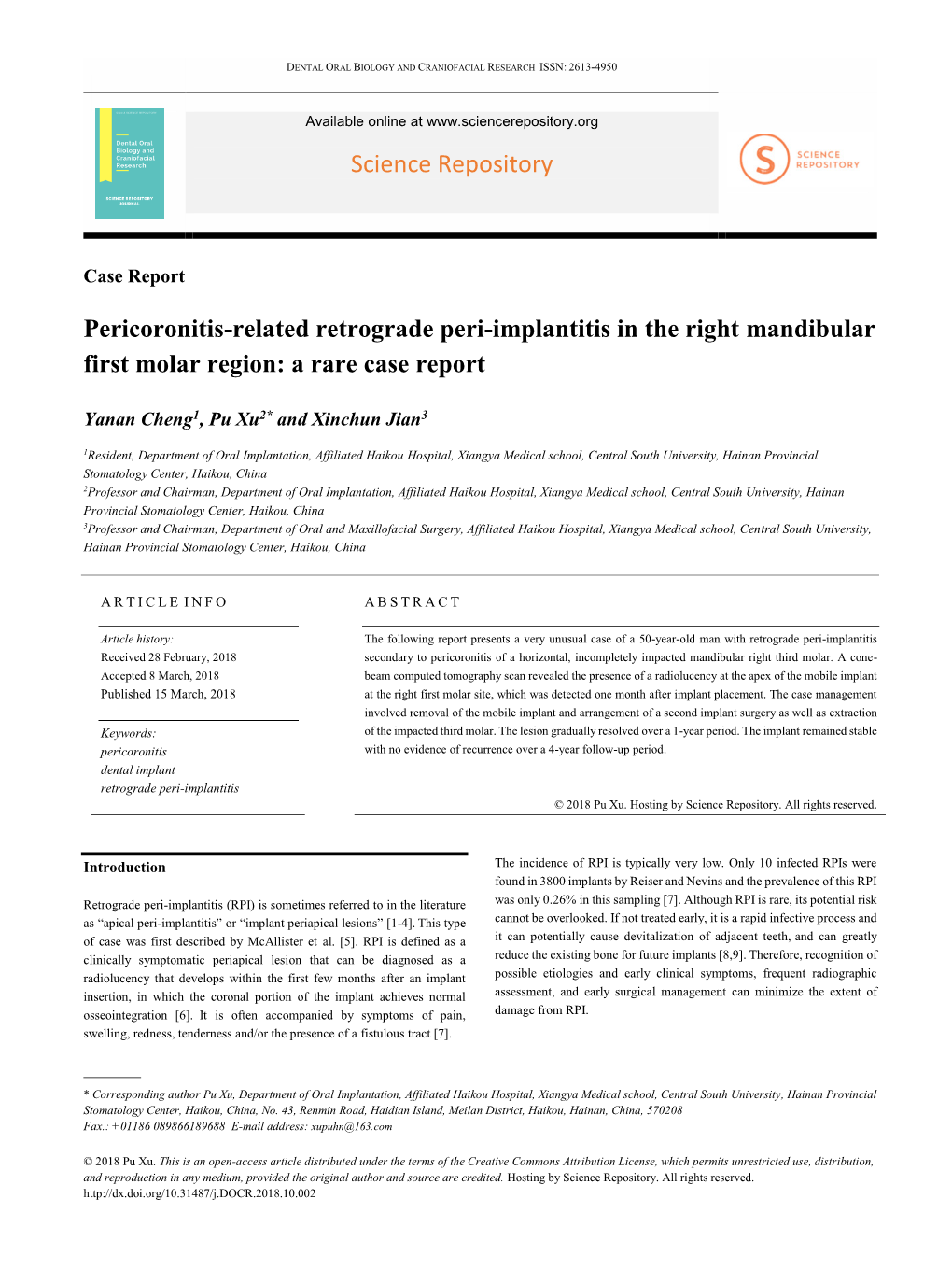 Pericoronitis-Related Retrograde Peri-Implantitis in the Right Mandibular First Molar Region: a Rare Case Report