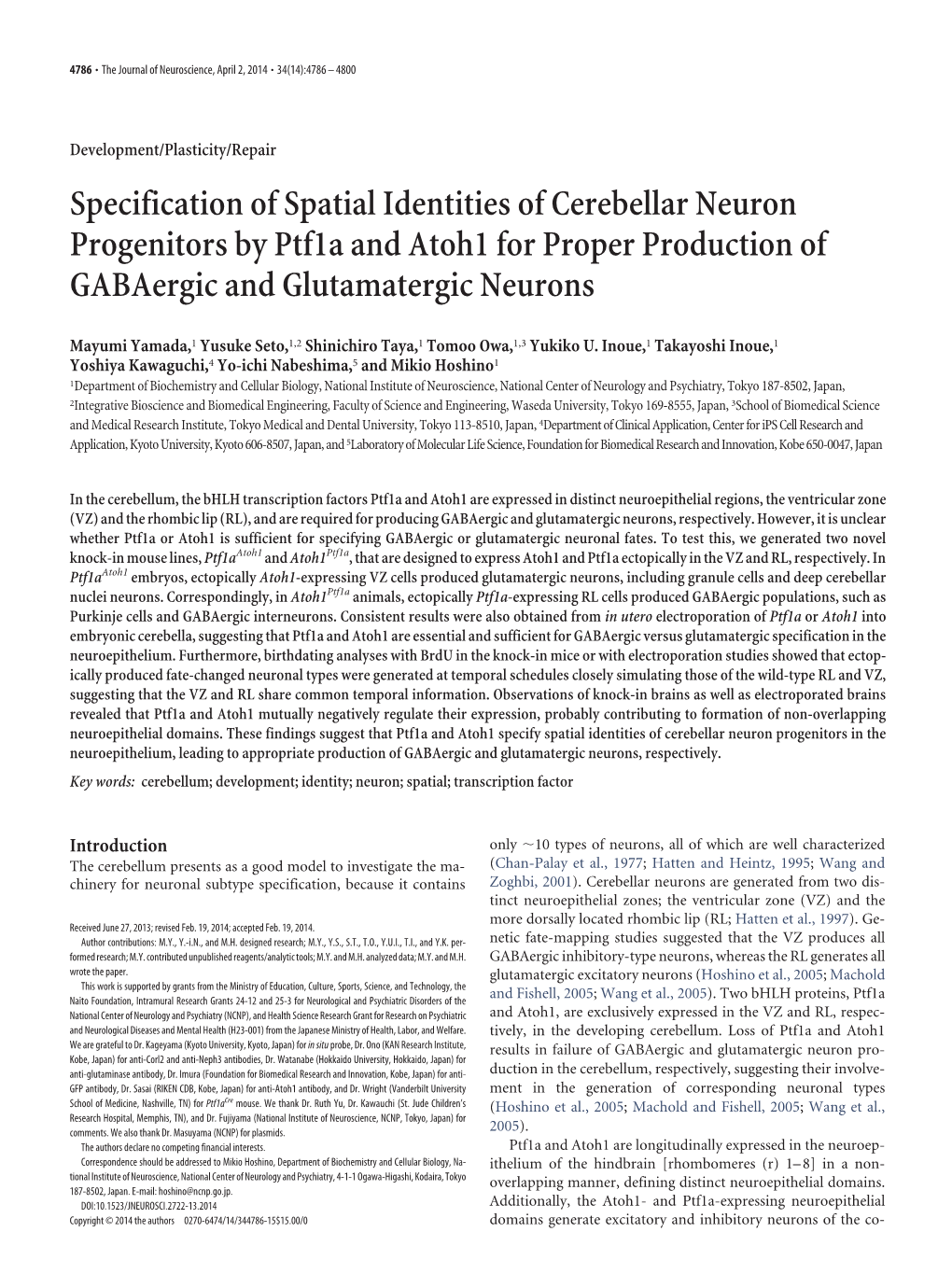 Specification of Spatial Identities of Cerebellar Neuron Progenitors by Ptf1a and Atoh1 for Proper Production of Gabaergic and Glutamatergic Neurons