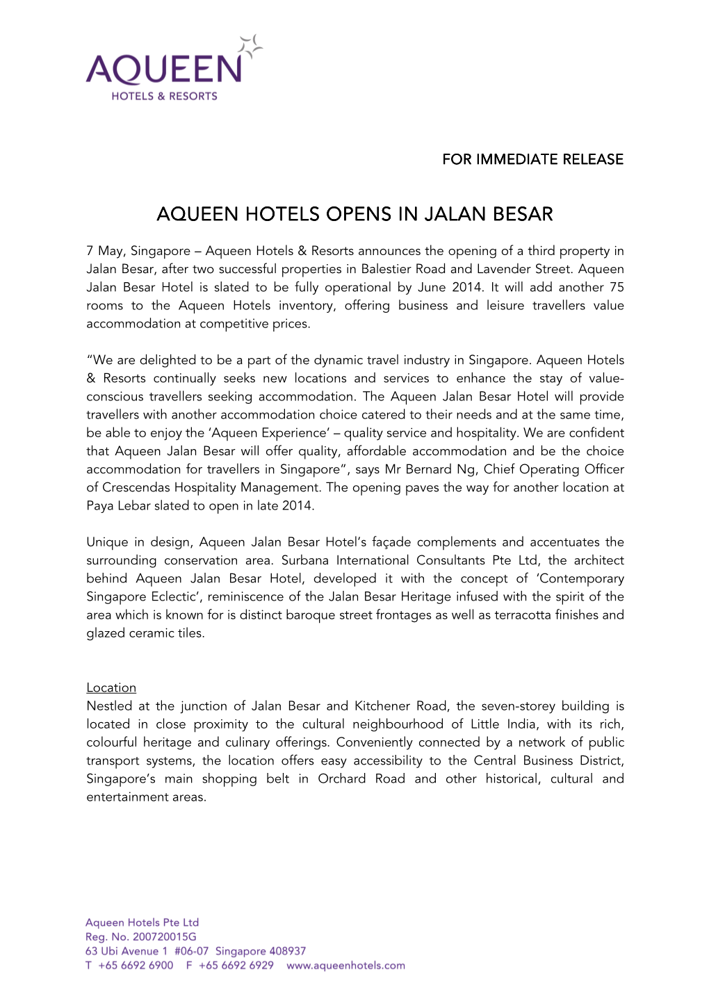 Aqueen Hotels Opens in Jalan Besar Aqueen Hotels Opens