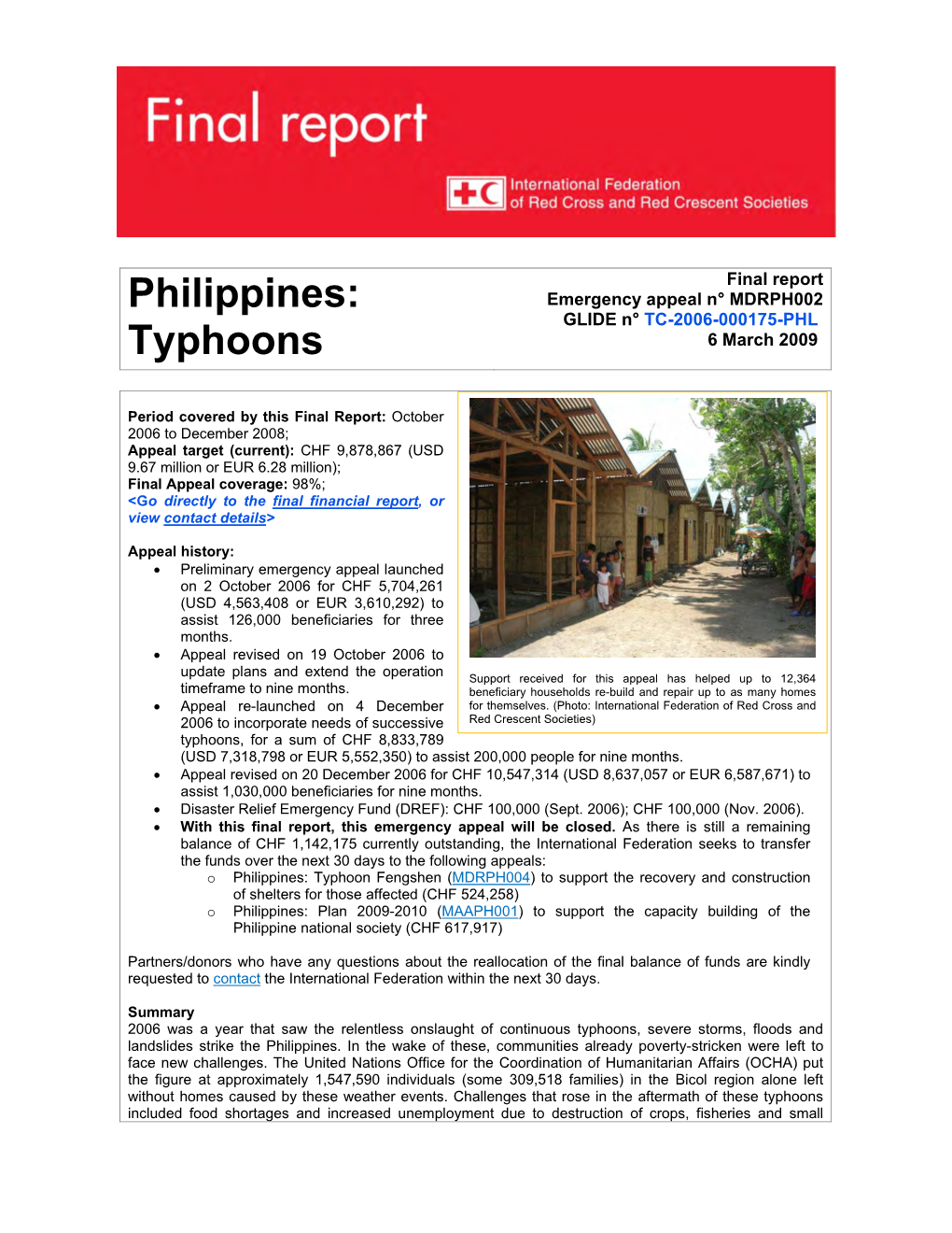 Philippines: Typhoons (MDRPH002) - Chronology of Events, 2006-2009